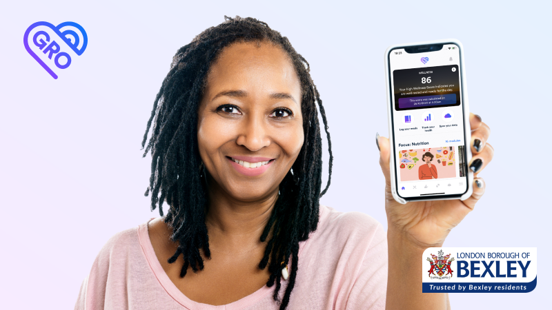 Image with a woman holding a smart phone to illustrate the new Gro weight management system