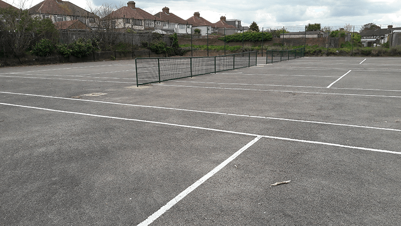 A close up of tennis courts at West Heath recreation ground