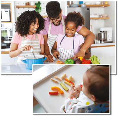 Photo showing a family preparing food and a baby eating vegetables