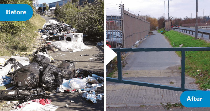 Photo of before and after images of fly tipping and the clean up