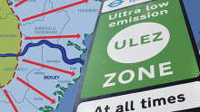 Graphic showing a ULEZ road sign against a map of London showing the expansion of the zone