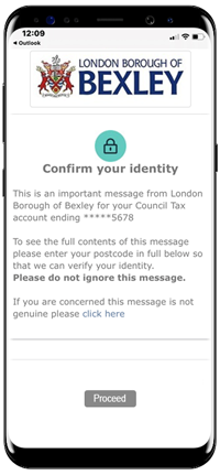 Example of identity confirmation text message received 