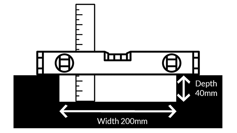 Graphic of a pothole being measured using a trip measure and spirit level showing measurements of 200mm width and 40mm depth