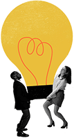Two people carrying a big lightbulb