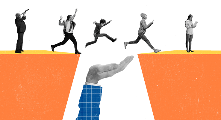 People jumping over a hole with a helping hand under them