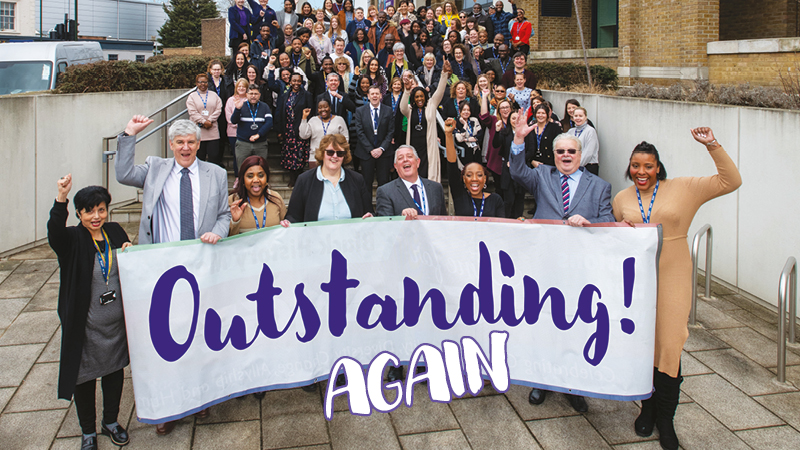 Bexley's social care celebrating the outstanding provider rating outside the Civic Offices