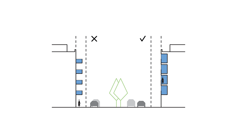 A picture of Figure 34 showing Balconies should not overhang the public highway or disrupt consistent building lines.