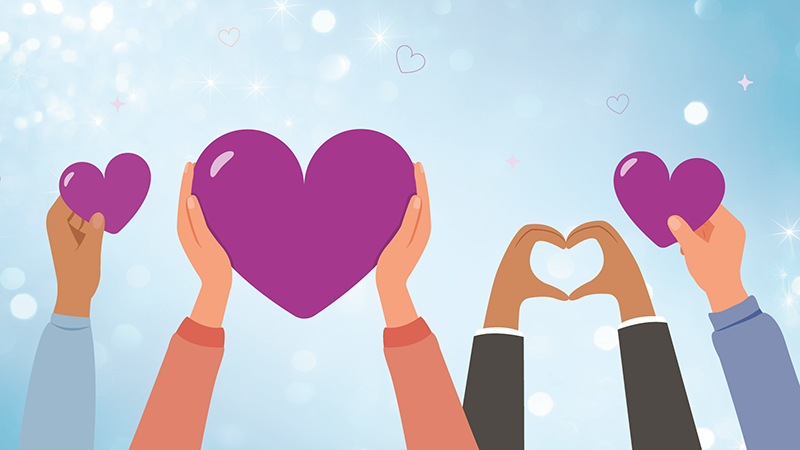illustrated image containing people holding up purple heart shapes
