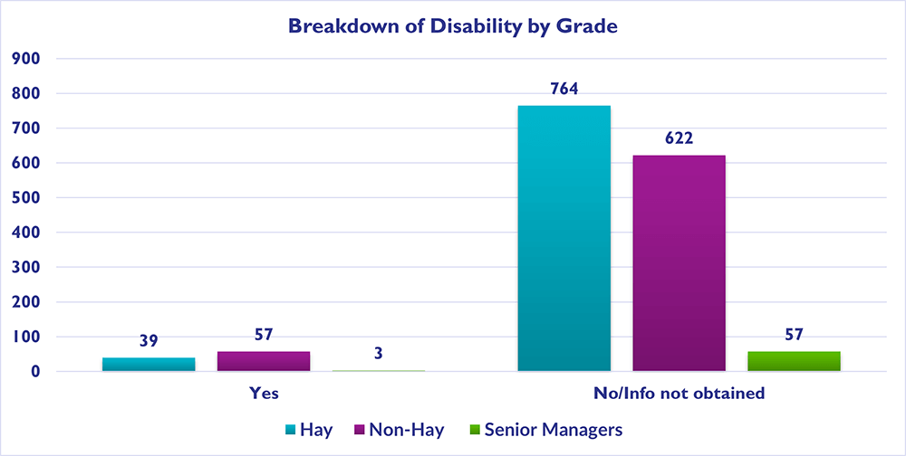Chart showing the breakdown of disability by grade, a summary of the highest and lowest figures is 764 Hay, 622 Non-Hay and 57 Senior Managers don't have an incapacity/disability, whereas the lowest figures 39 Hay and 57 Non Hay and 3 Senior Managers have a incapacity/disability