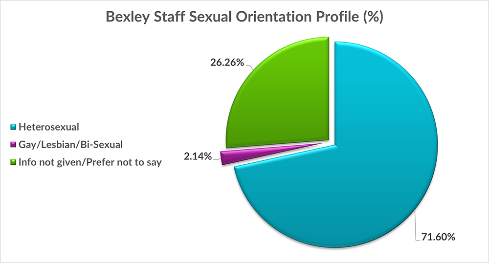Chart showing that 71.60% of the workforce are Heterosexual followed by 26.26% (prefer not to say/not given) then at 2.14% is Non-Heterosexual