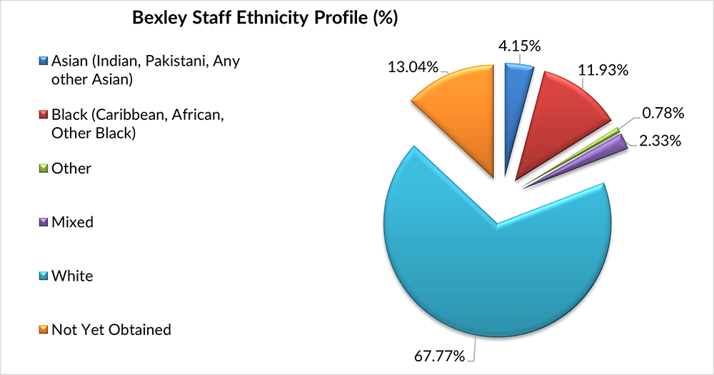 Image of a chart Chart showing the highest ethnicity group for LBB is White at 67.77%, while the other groups range from 0.78% (Other) to 13.04% (Not Yet Obtained)