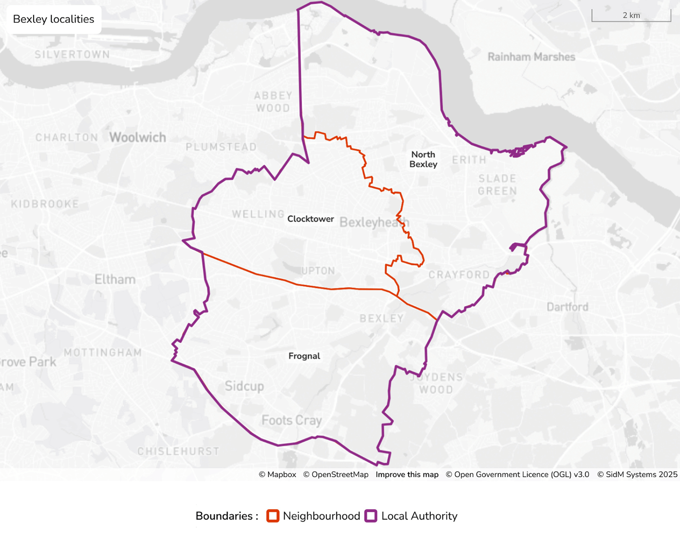 Figure 1: Map showing the localities and wards in Bexley