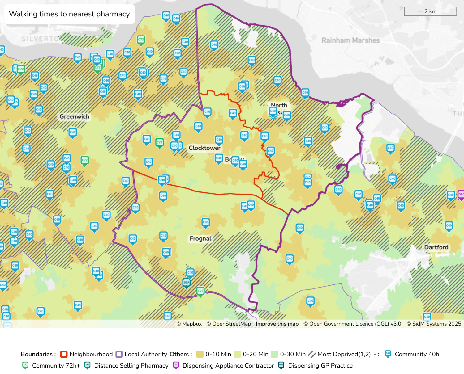 Figure 13: Map to show average walk times to community pharmacies in Bexley