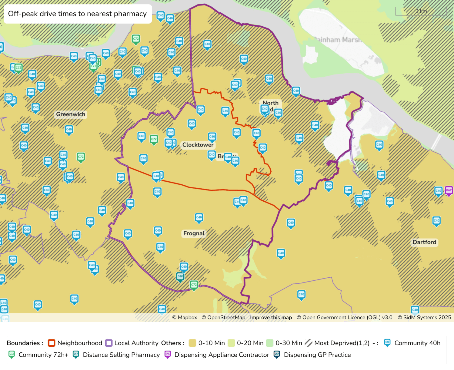 Figure 14: Map to show drive times by car to the nearest pharmacy in Bexley (off peak)