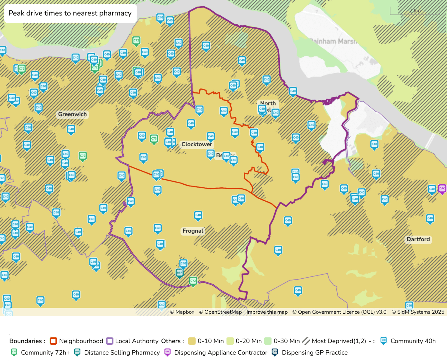 Figure 15: Map to show drive times by car to the nearest pharmacy in Bexley (peak)
