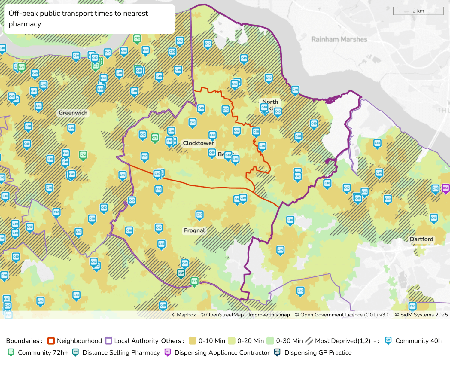 Figure 16: Map to show public transport times to the nearest pharmacy in Bexley (off peak)