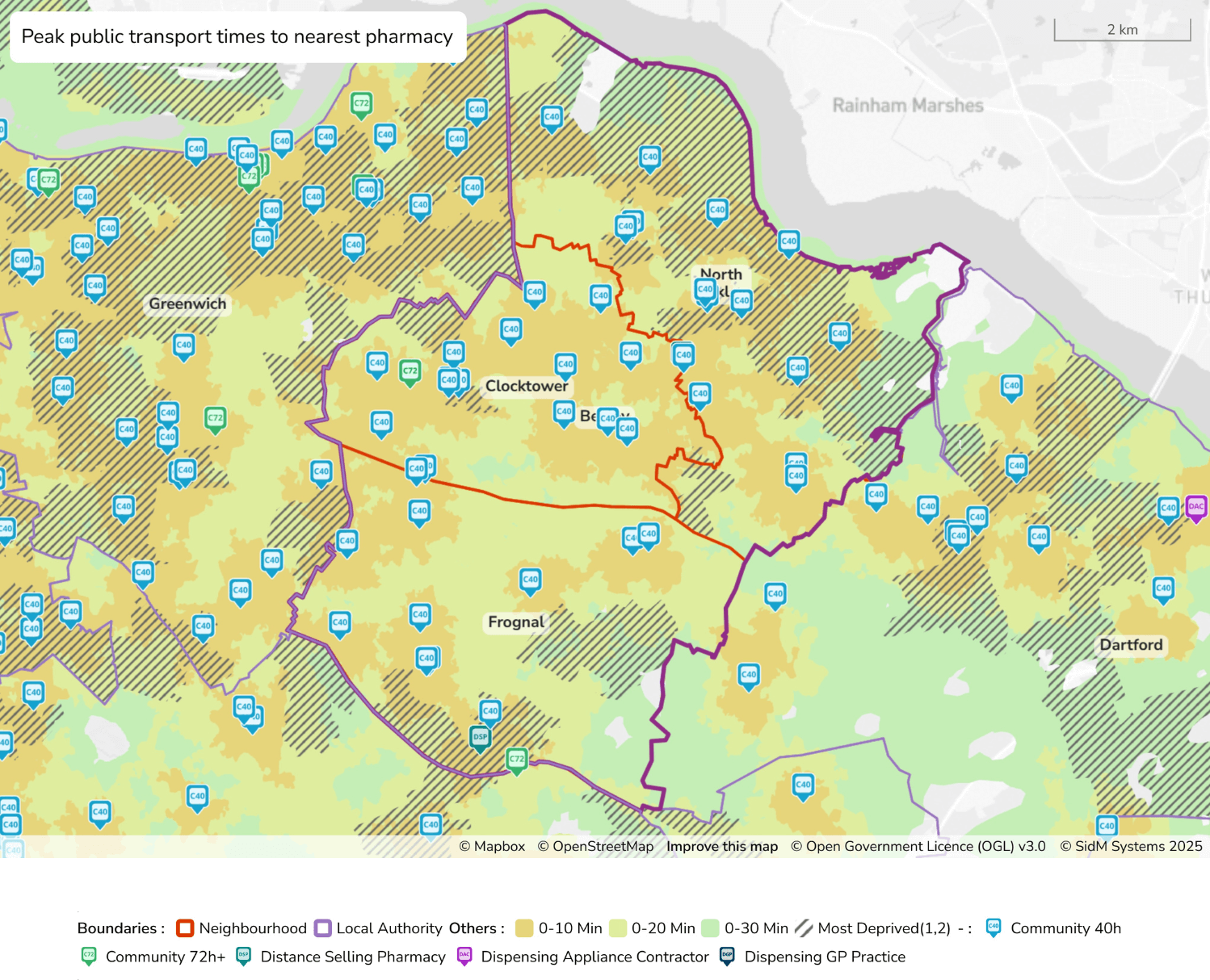 Figure 17: Map to show public transport times to the nearest pharmacy in Bexley (peak)