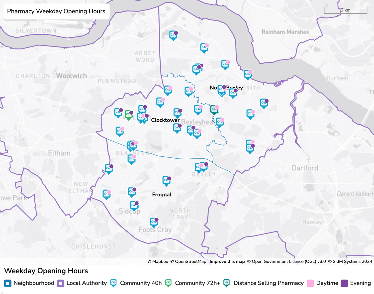 Figure 18: Map to show pharmacy opening hours (weekday)