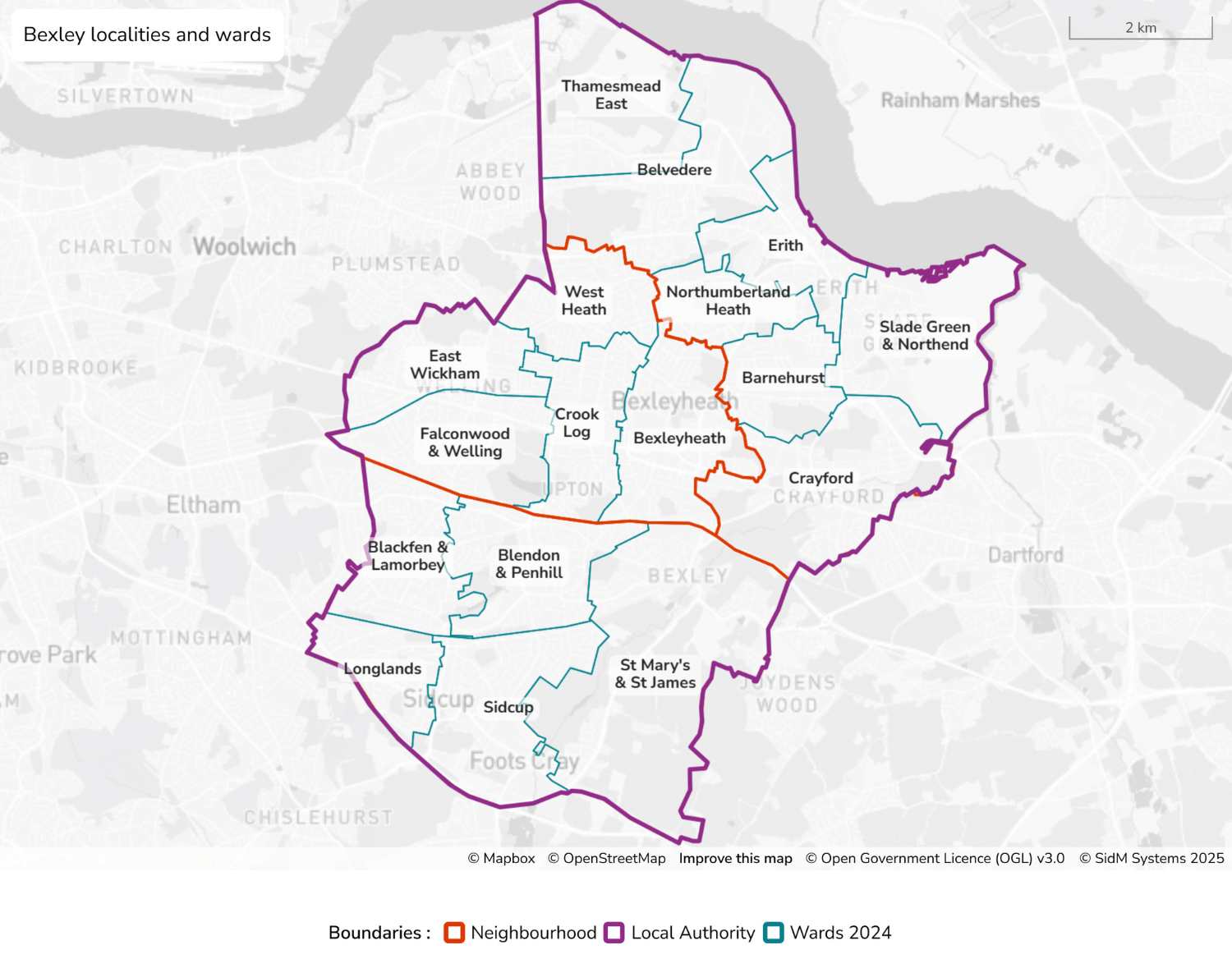 Figure 2: Map showing the localities and wards in Bexley