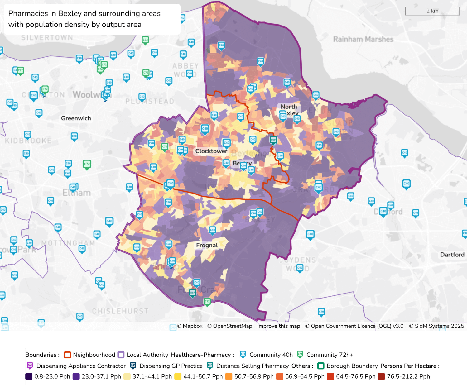 Figure 3 and 12: Map to show population density across Bexley with pharmacies overlayed