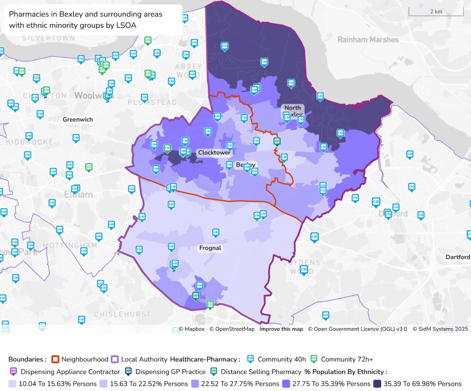 Figure 6: Map to show ethnicity across Bexley with pharmacies overlayed