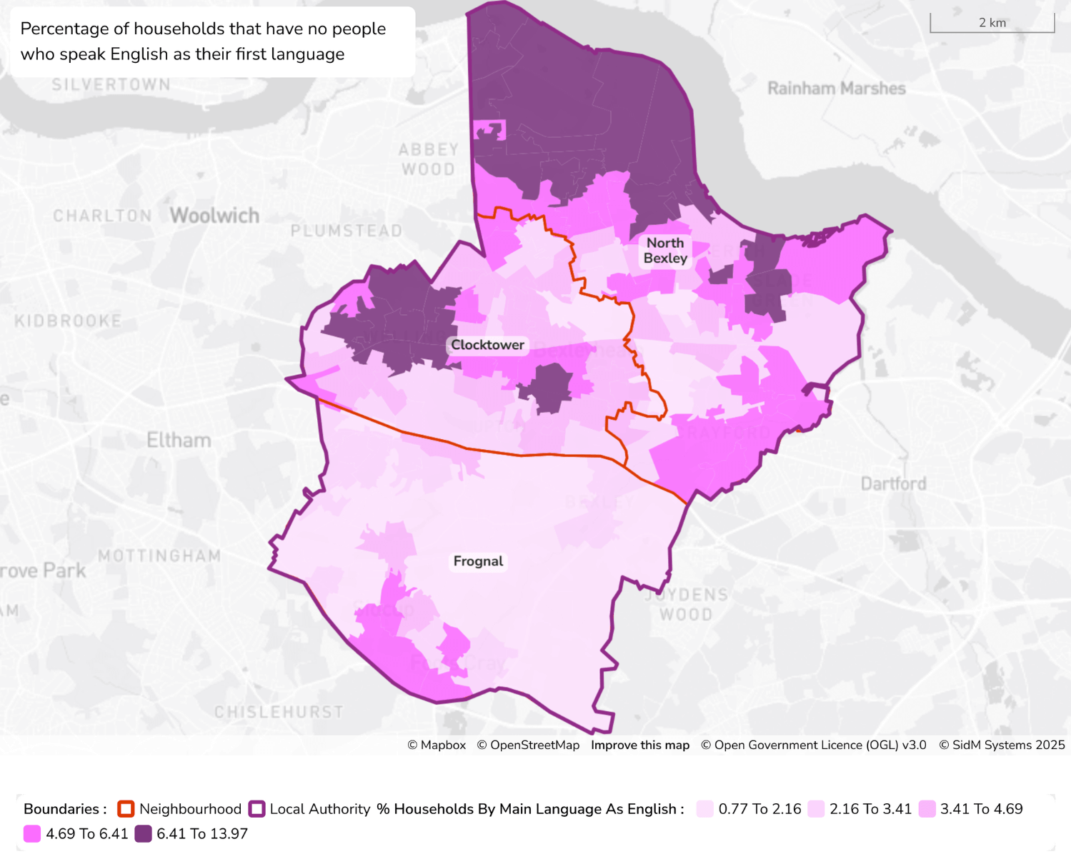 Figure 7: Map to show areas where there are no people in the household who speak English as their first language