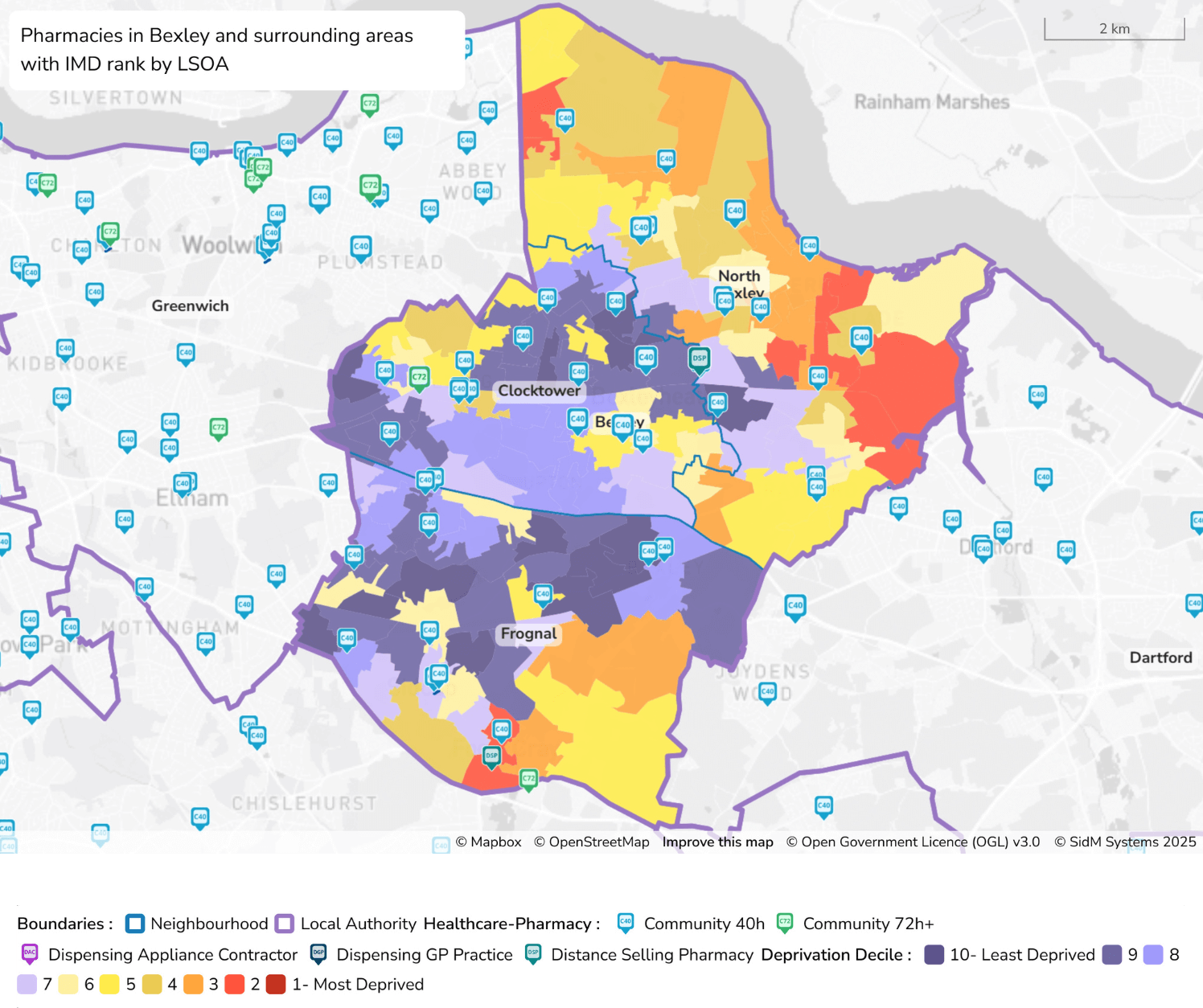 Figure 8: Map to show deprivation across Bexley with pharmacies overlayed