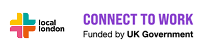 Image containing two logos, Local London (left) and Connect To Work Funded by UK Government (Right)