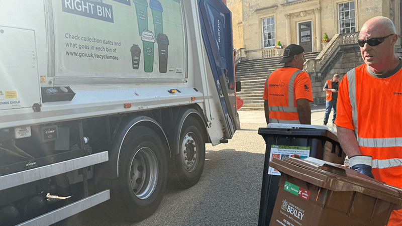 London Borough of Bexley bin lorry and crew collecting rubbish