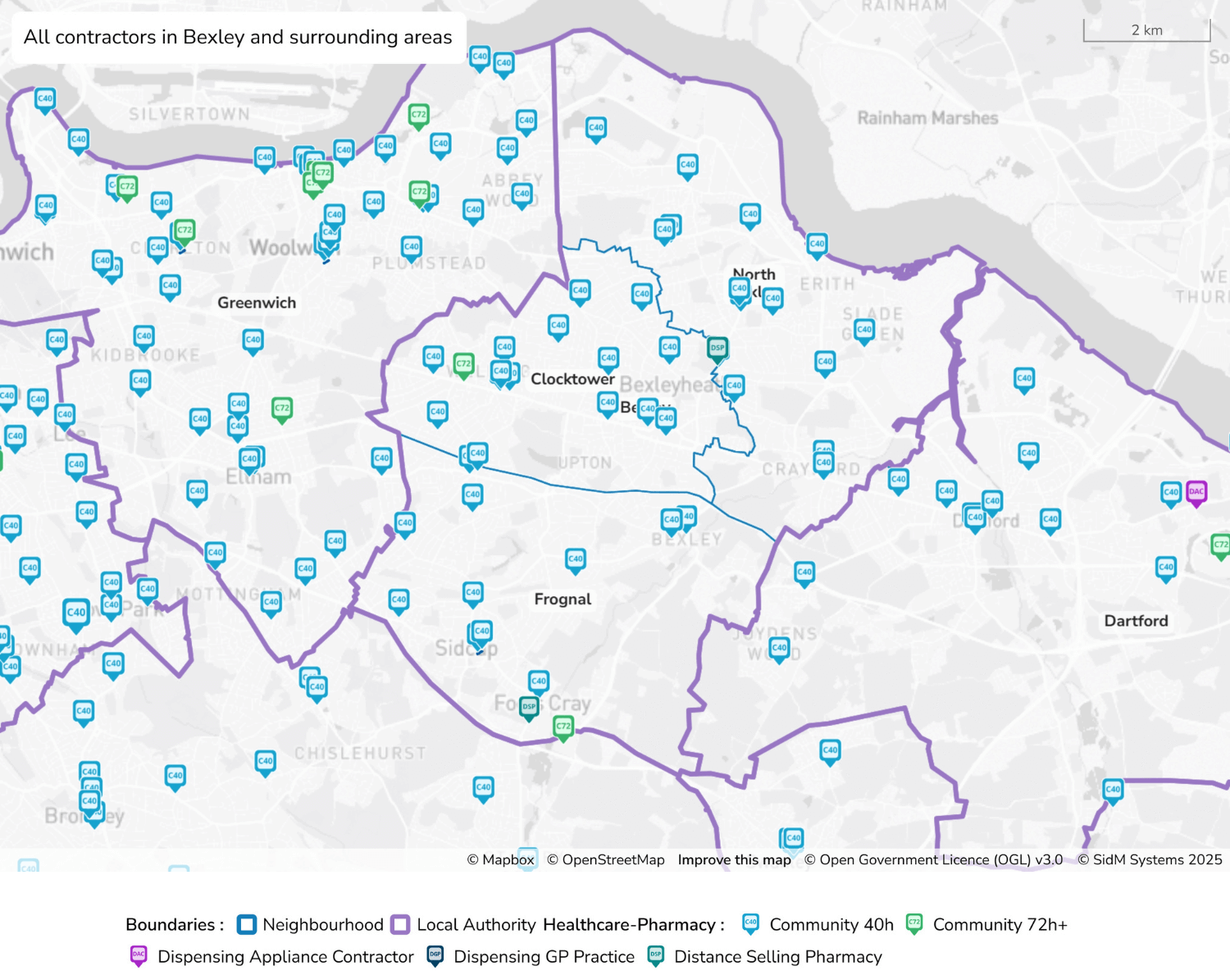 Updated Map to show all pharmacy contractors in Bexley - December 2025