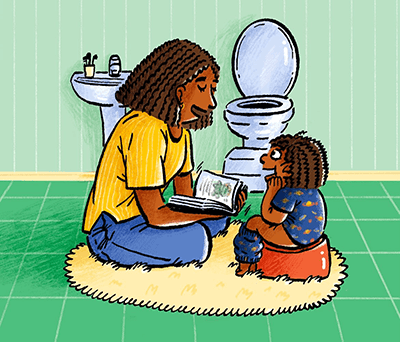 Image of a child and parent reading by the toilet