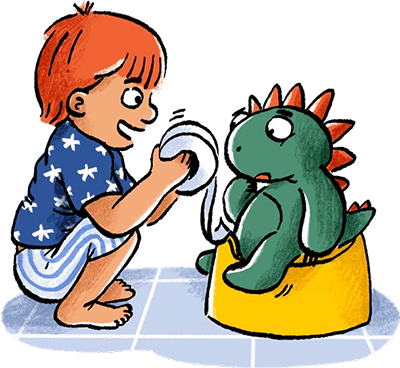 Image of a child playing with dinosaur toy on potty
