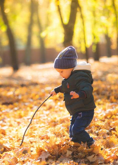 child playing in autumn leaves