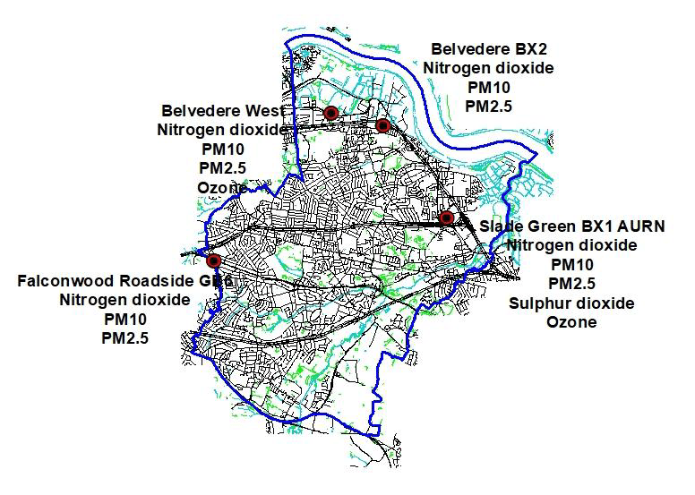 Map of Air Quality monitoring stations within Bexley and close to the Bexley Boundary.  The map shows stations at Falconwood roadside, Belvedere West, background, Belvedere, background and Slade Green background.