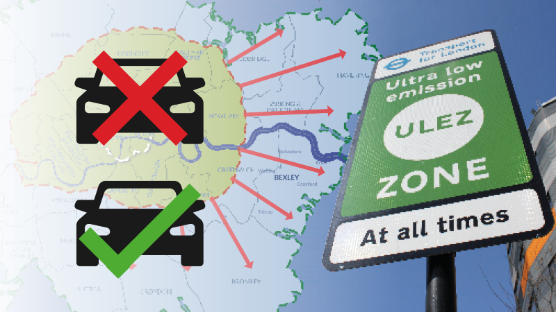 Image with a ULEZ sign and two cars - one with a tick and one with a cross
