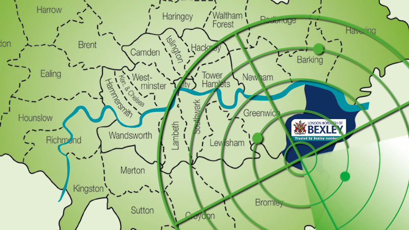 Map of London Borough's, with radar focused on Bexley