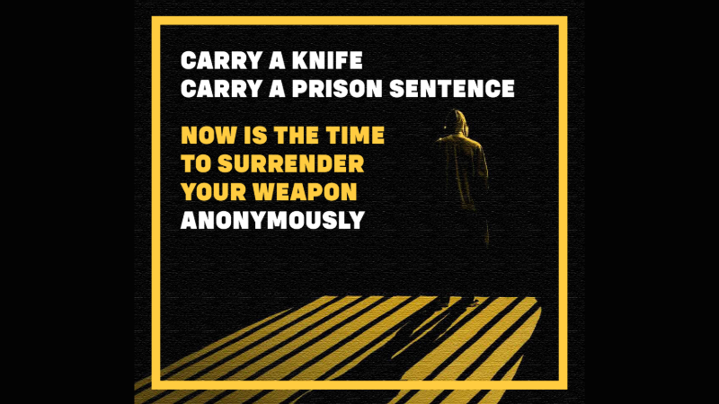Image of Home Office poster that says "Carry a knife, carry a prison sentence. Now is the time to surrender your weapon anonymously"