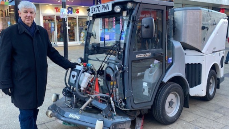 Cllr Diment with the new road sweeper that we are trialling