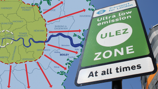 Road sign for the London ULEZ zone next to an outline map showing the proposed extension of the zone from inner London to the Greater London boundary