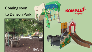 Image showing photo of current play equipment at Danson Park alongside the new play equipment