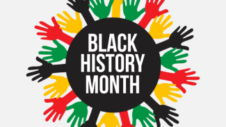Black History Month. Red, yellow, green and black hands in circle