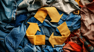 A pile of clothes behind the recycling logo