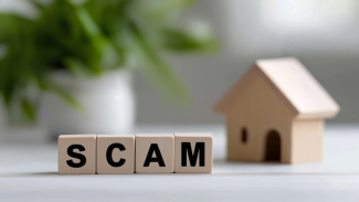 A wooden house with wooden blocks spelling scam