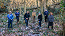People featured in image (from left to right): Emily Millhouse (project partner - Lewisham parks), Lindsey Weaver (Lesnes Abbey), Xavier Mahele (Froglife Trustee), Harry Forshaw (new London Blue Chain Project Manager), Kate Bradbury (Froglife Patron), Ian Holt (Lesnes Abbey), Sheila Gundry (Froglife Operations Manager) at Lesnes Abbey Woods. © Oliver Dixon