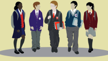 Five children in different school uniforms
